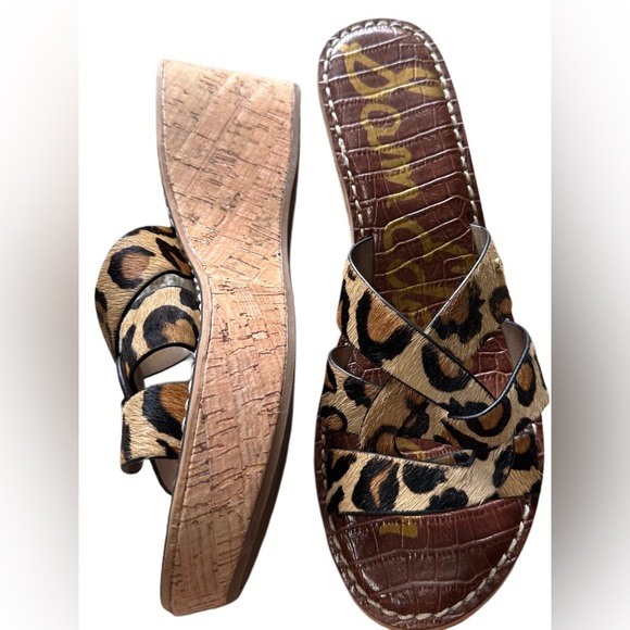 Sam Edelman Leopard Print on Dyed Horse Hair Wedges with Wood Like Detail - Picture 3 of 4